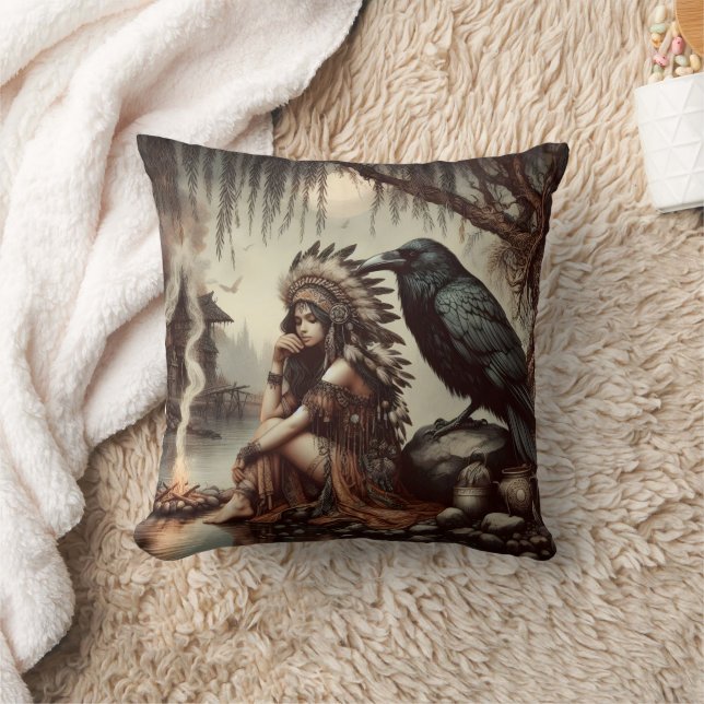 Native Woman by Water With Raven Cushion (Blanket)