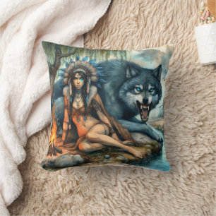 Native Woman by Wolf and Campfire Cushion