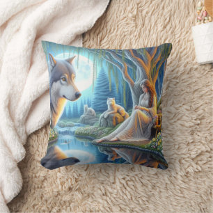 Native Woman by Wolf by Water Cushion