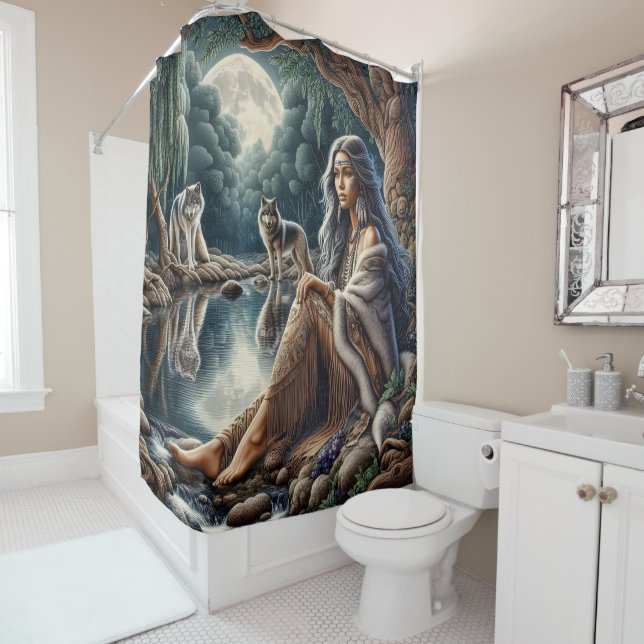 Native woman reflecting with two wolves shower curtain (In Situ)