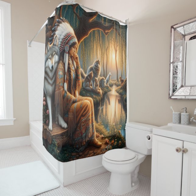 Native woman reflects by dusk lake shower curtain (In Situ)