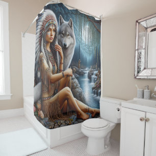 Native woman relaxes by river with wolf shower curtain
