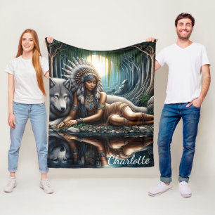 Native woman shares a moment with wolf fleece blanket