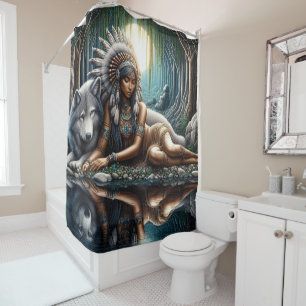 Native woman shares a moment with wolf shower curtain