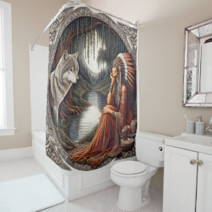 Native woman with a wolf by the river shower curtain