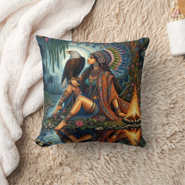 Native Woman With Eagle by River Cushion (Blanket)