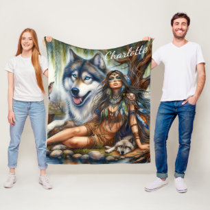 Native woman with her wolf companions fleece blanket