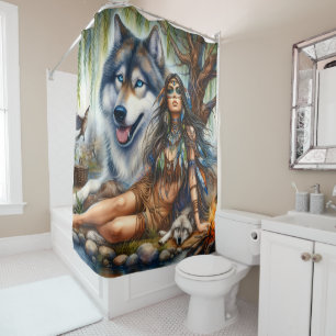 Native woman with her wolf companions shower curtain