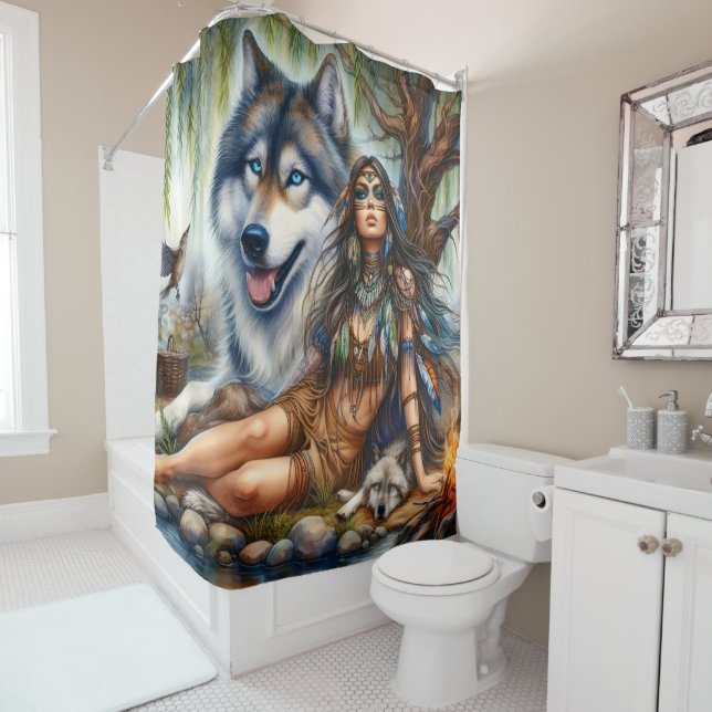 Native woman with her wolf companions shower curtain (In Situ)