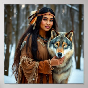Native Woman with her Wolf Poster