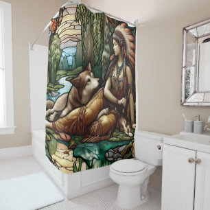 Native woman with loyal wolf companion shower curtain