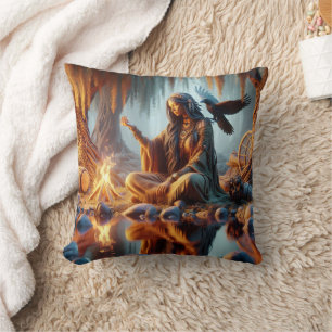 Native Woman With Raven at Dawn Cushion