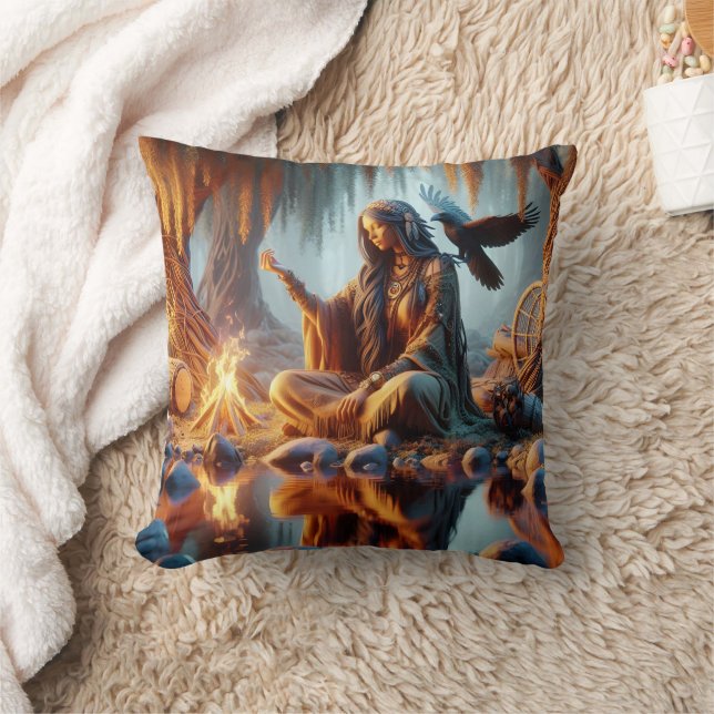 Native Woman With Raven at Dawn Cushion (Blanket)