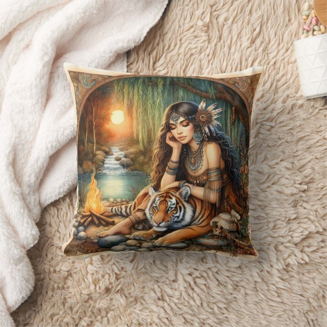 Native Woman With Tiger at Sunset Cushion (Blanket)
