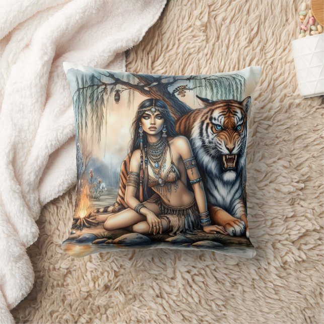 Native Woman With Tiger at Twilight Cushion (Blanket)