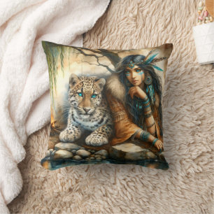 Native Woman With Tiger by Water Cushion