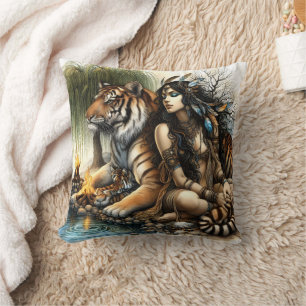 Native Woman With Tiger by Water Cushion