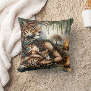 'Native Woman With Tiger Cubs by River' Cushion