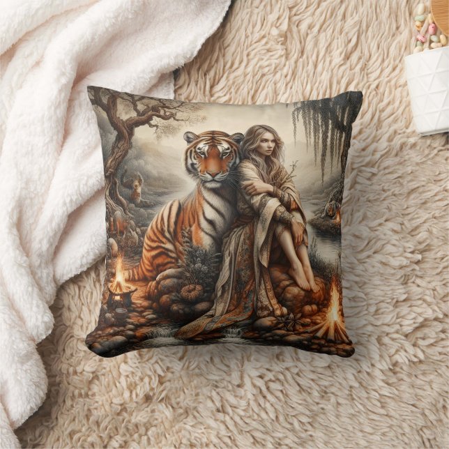 Native Woman With Tiger in Nature Cushion (Blanket)