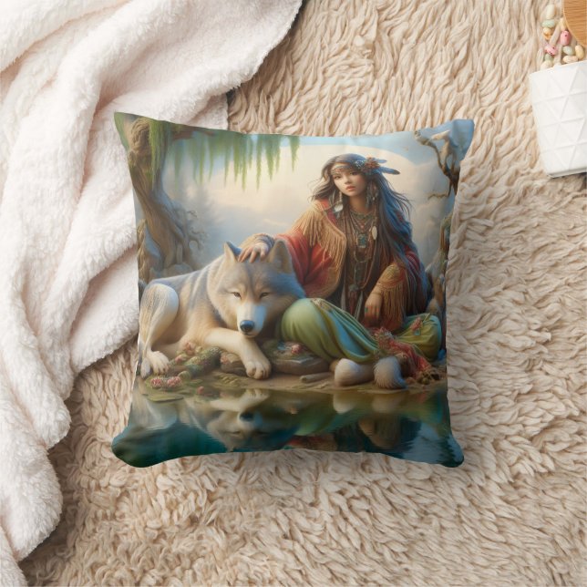 Native Woman With Wolf by Water Cushion (Blanket)