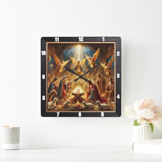 Nativity Angels Adore Christ Square Wall Clock (Home)