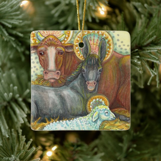 NATIVITY ANIMALS IN STABLE, OX, DONKEY & SHEEP CERAMIC ORNAMENT (Tree)