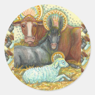 NATIVITY ANIMALS IN STABLE, OX, DONKEY & SHEEP CLASSIC ROUND STICKER