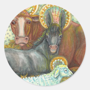 NATIVITY ANIMALS IN STABLE, OX, DONKEY & SHEEP CLASSIC ROUND STICKER