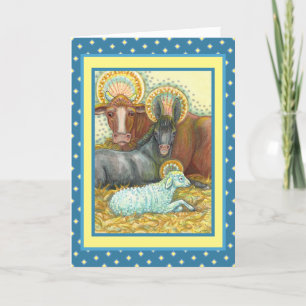 NATIVITY ANIMALS IN STABLE, OX, DONKEY & SHEEP HOLIDAY CARD