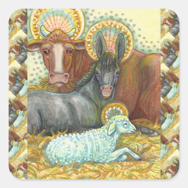 NATIVITY ANIMALS IN STABLE, OX, DONKEY & SHEEP SQUARE STICKER (Front)