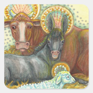 NATIVITY ANIMALS IN STABLE, OX, DONKEY & SHEEP SQUARE STICKER