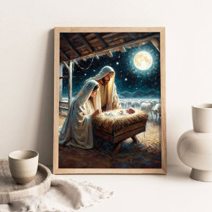 Nativity Art, Birth of Jesus, Mary Joseph and Jesu Poster