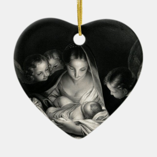 Nativity Baby Jesus Virgin Mary Angels Black White Ceramic Ornament (Front)