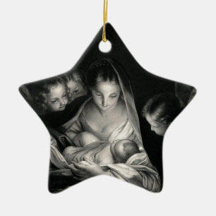 Nativity Baby Jesus Virgin Mary Angels Black White Ceramic Ornament