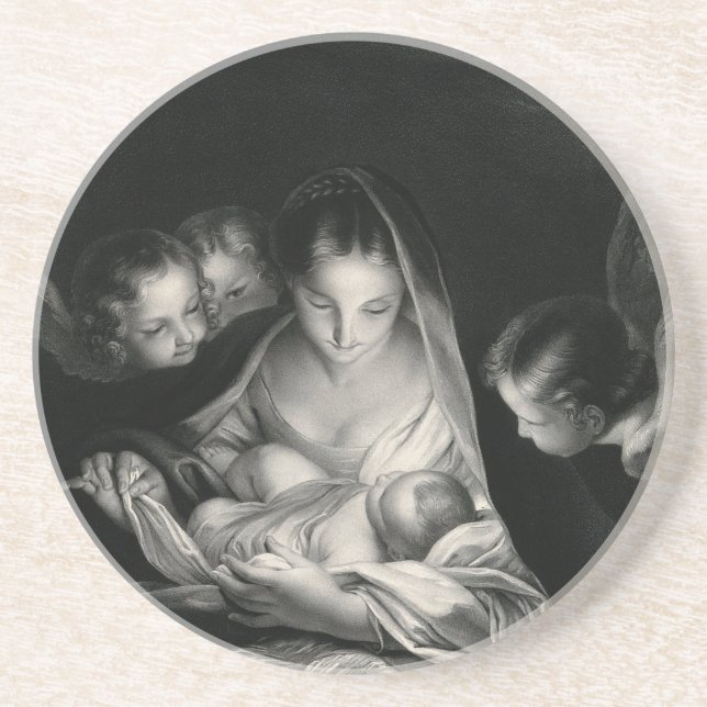 Nativity Baby Jesus Virgin Mary Angels Black White Coaster (Front)