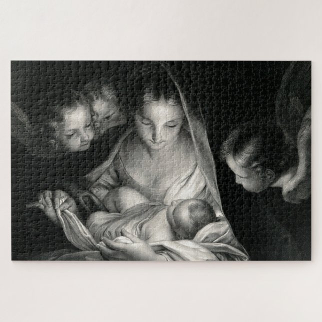 Nativity Baby Jesus Virgin Mary Angels Black White Jigsaw Puzzle (Horizontal)