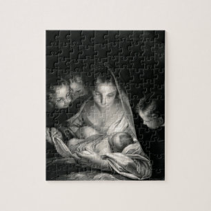Nativity Baby Jesus Virgin Mary Angels Black White Jigsaw Puzzle