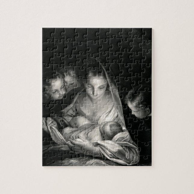 Nativity Baby Jesus Virgin Mary Angels Black White Jigsaw Puzzle (Vertical)