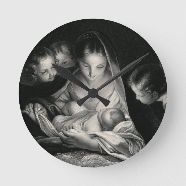 Nativity Baby Jesus Virgin Mary Angels Black White Round Clock (Front)