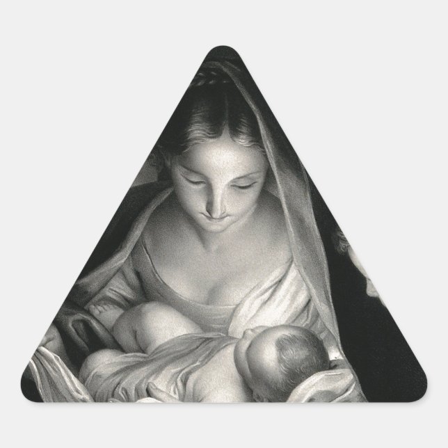 Nativity Baby Jesus Virgin Mary Angels Black White Triangle Sticker (Front)