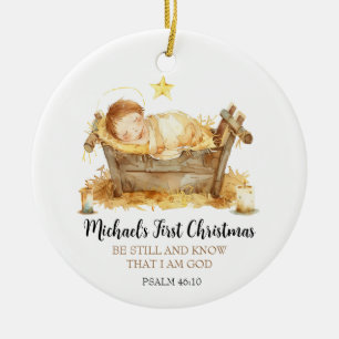Nativity Bible Verse Baby's First Christmas Ceramic Ornament
