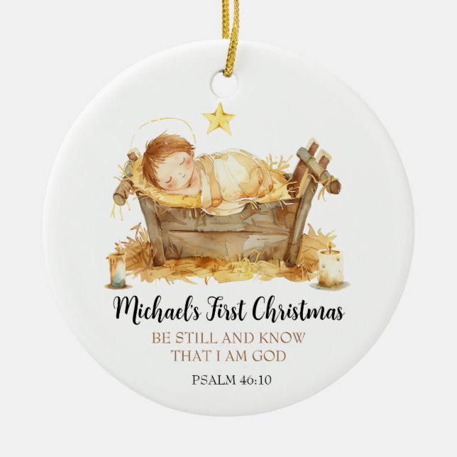 Nativity Bible Verse Baby's First Christmas Ceramic Ornament (Front)