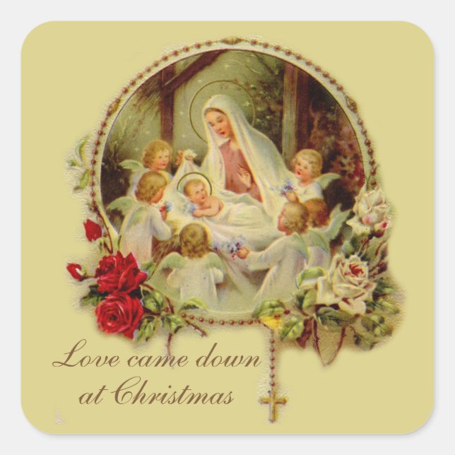 Nativity Blessed Mother Baby Jesus Rosary Roses Square Sticker (Front)
