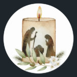 Nativity Candle Round Sticker<br><div class="desc">A simple,  elegant sticker with a nativity candle,  olive branch and flowers to add a little Christmas spirit to any gift,  letter,  or holiday project.</div>