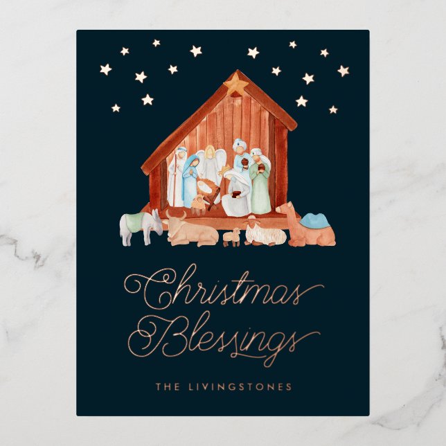 Nativity Christmas Blessings Photo Rose Gold Foil Holiday Postcard (Front)