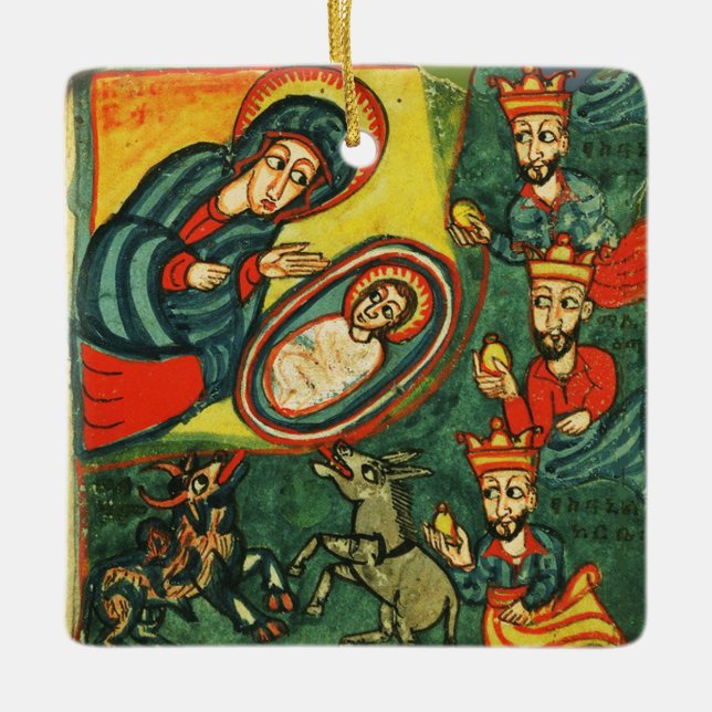 NATIVITY CHRISTMAS PARCHMENT ,ADORATION OF MAGI CERAMIC ORNAMENT (Front)