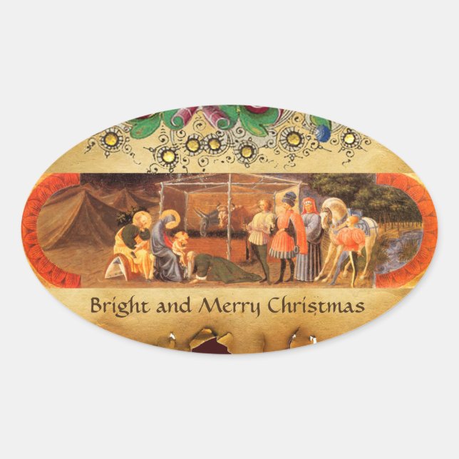 NATIVITY CHRISTMAS PARCHMENT/ ADORATION OF MAGI OVAL STICKER (Front)