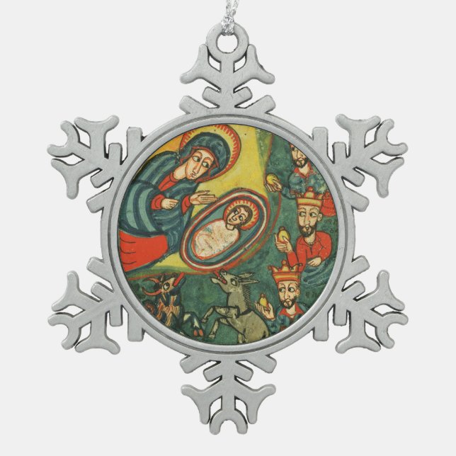 NATIVITY CHRISTMAS PARCHMENT ,ADORATION OF MAGI SNOWFLAKE PEWTER CHRISTMAS ORNAMENT (Front)