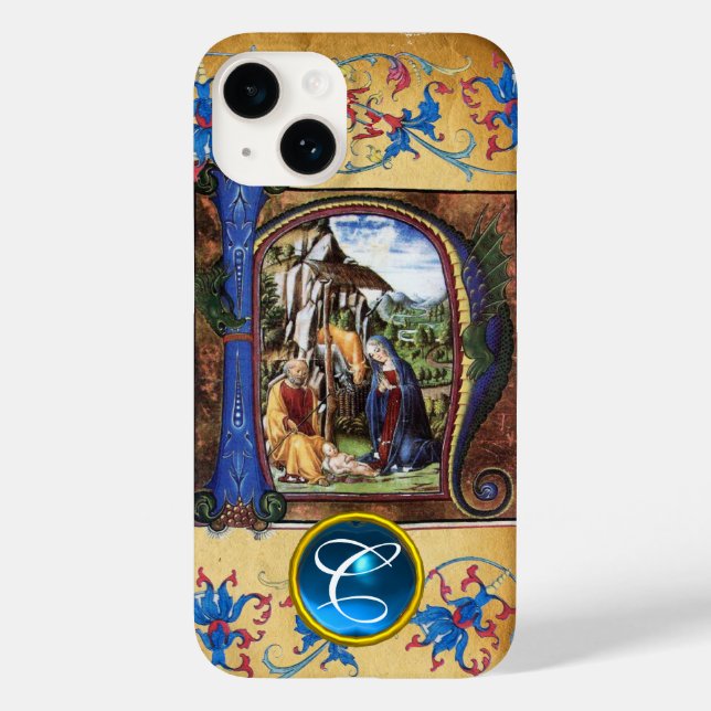 NATIVITY CHRISTMAS PARCHMENT BLUE GEM MONOGRAM Case-Mate iPhone CASE (Back)