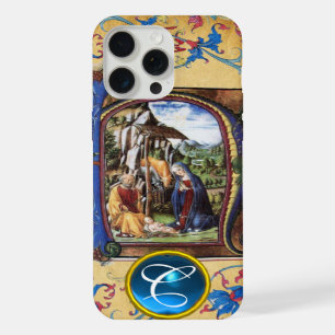 NATIVITY CHRISTMAS PARCHMENT BLUE GEM MONOGRAM iPhone 15 PRO MAX CASE